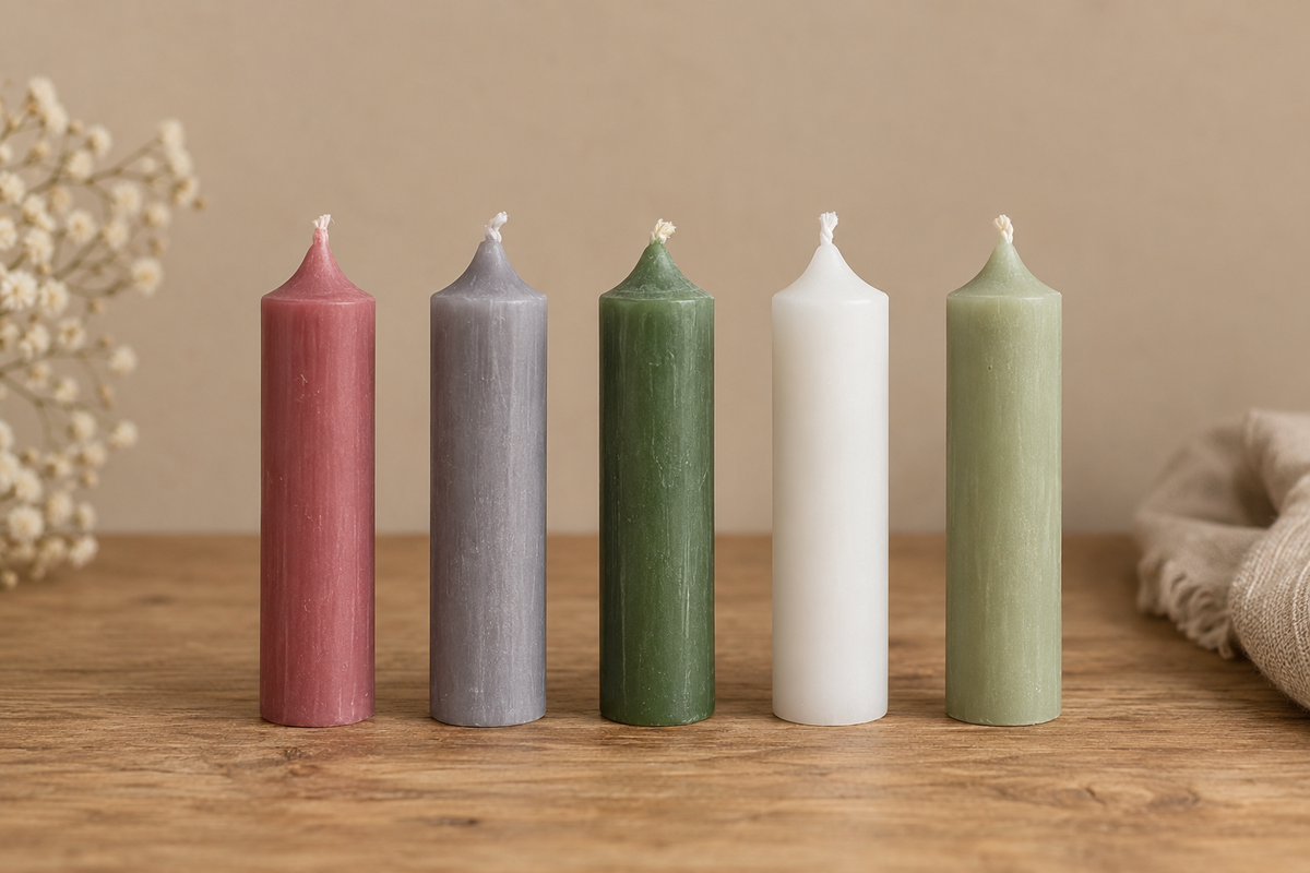 Mini-Stabkerzen in Altrosa, Grau, Jade, Weiß und Pastellgrün, 10 cm hoch