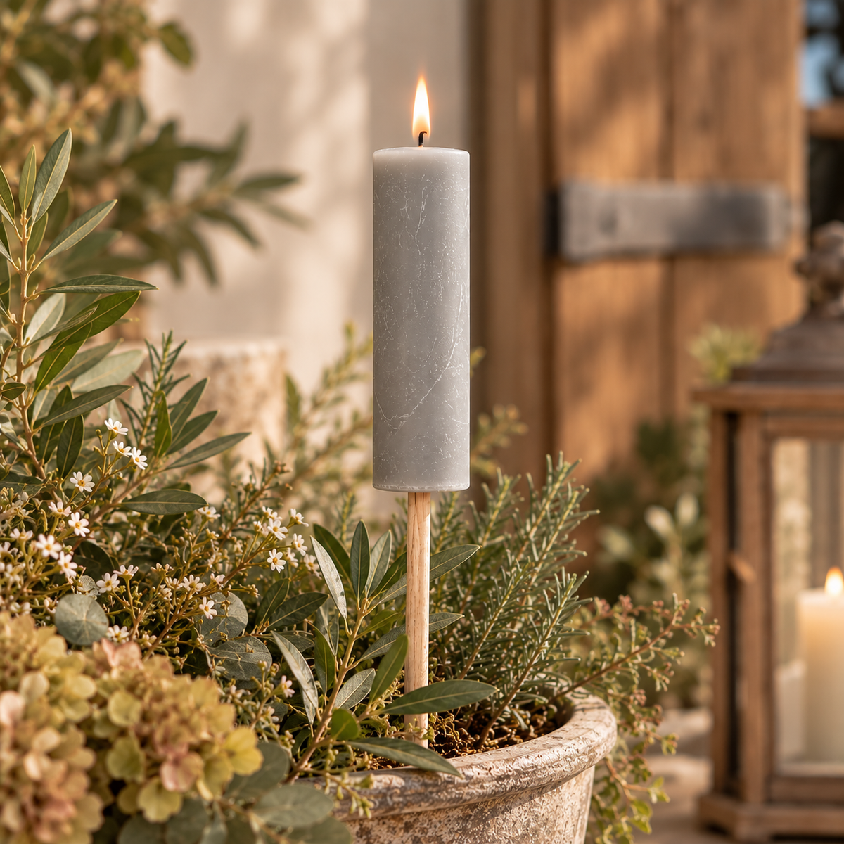 Gartenfackel mit Holzstab in Grau