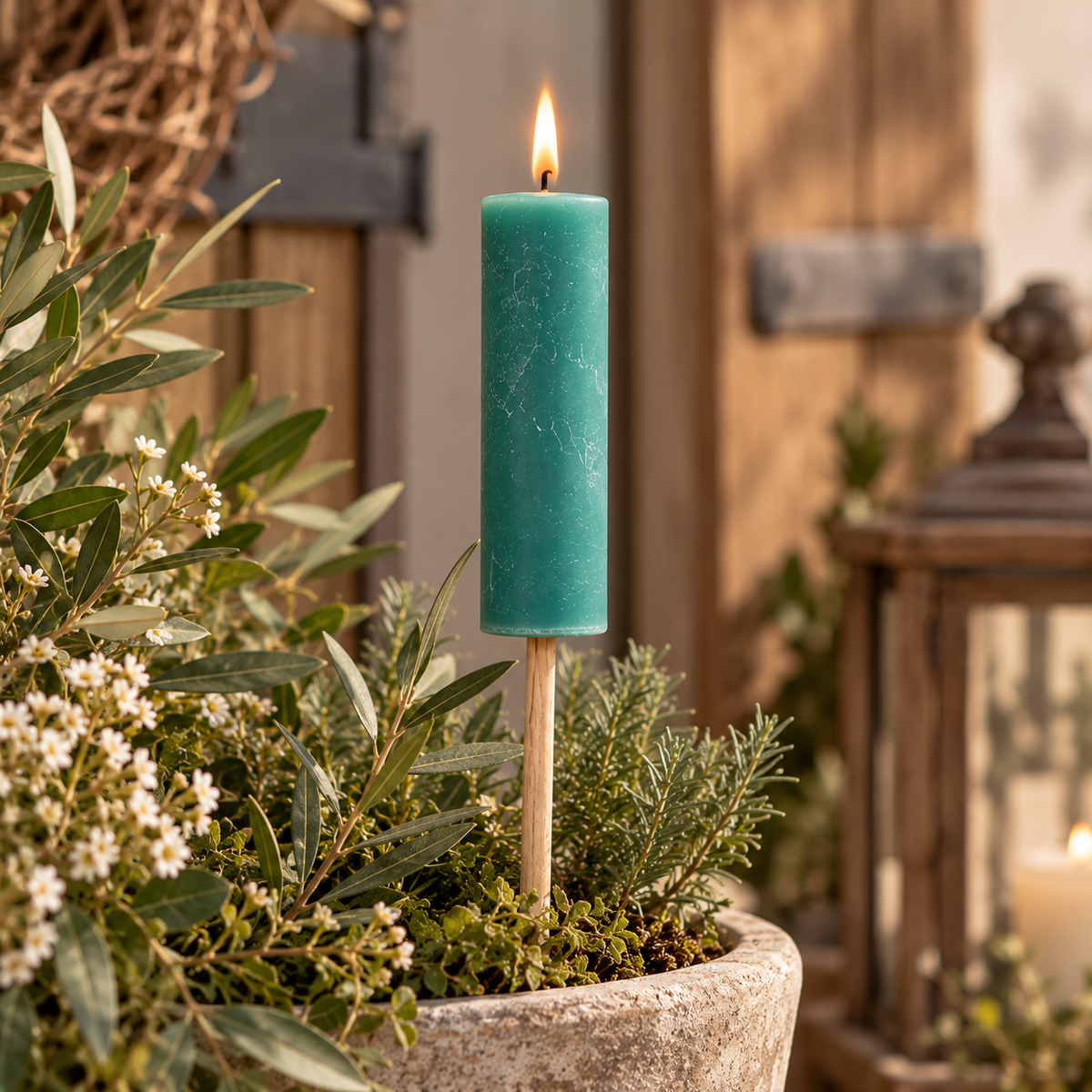 Gartenfackel mit Holzstab in Seegrün