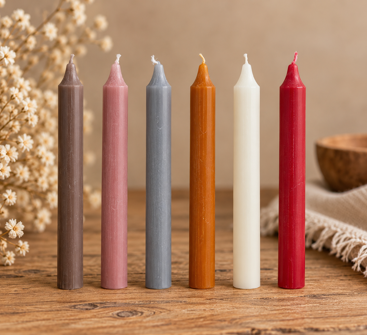 Sechs Stabkerzen in Taupe, Altrosa, Grau, Curry, Elfenbein und Rot, 18 cm hoch