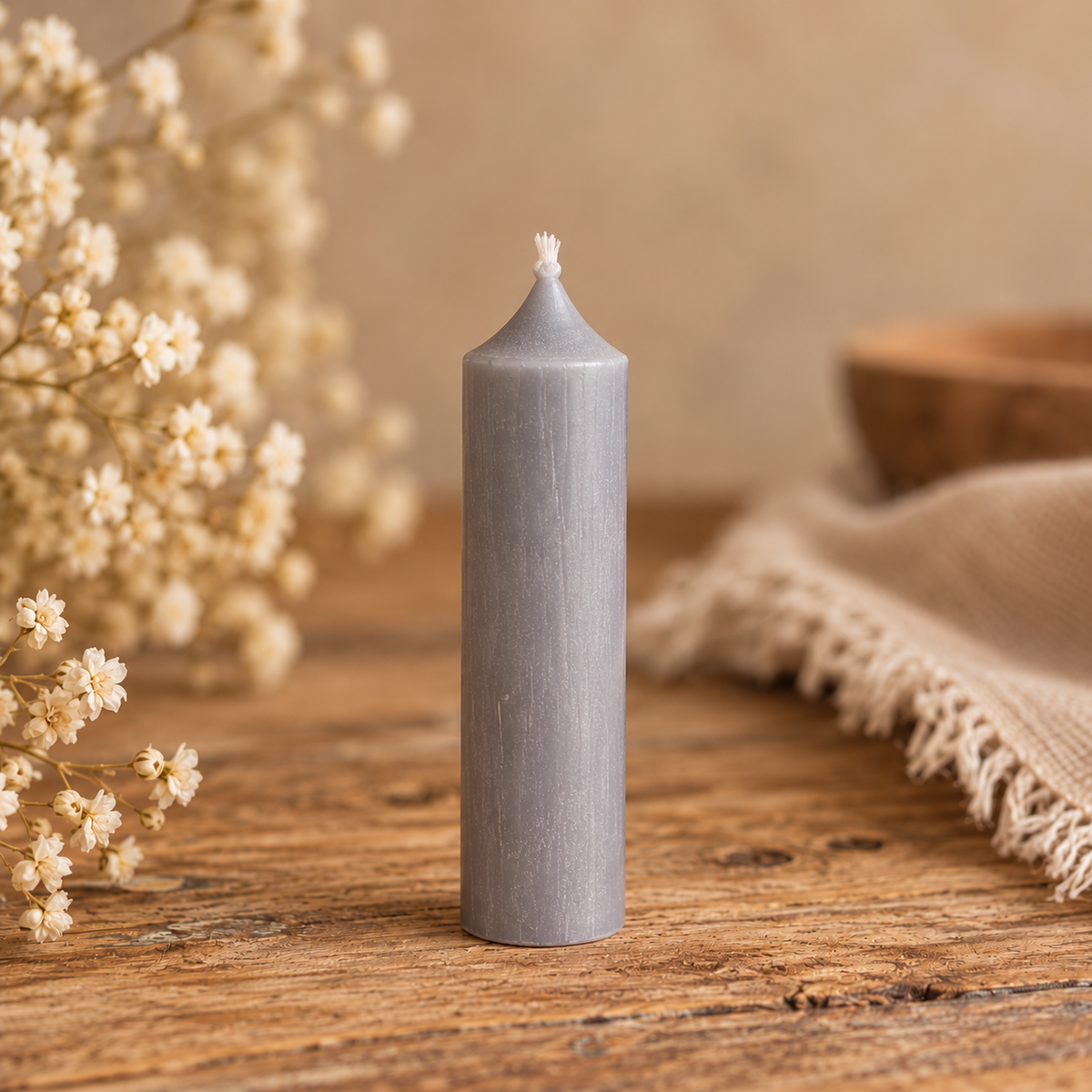 Graue Mini-Stabkerze aus durchgefärbtem Paraffin, 10 cm hoch