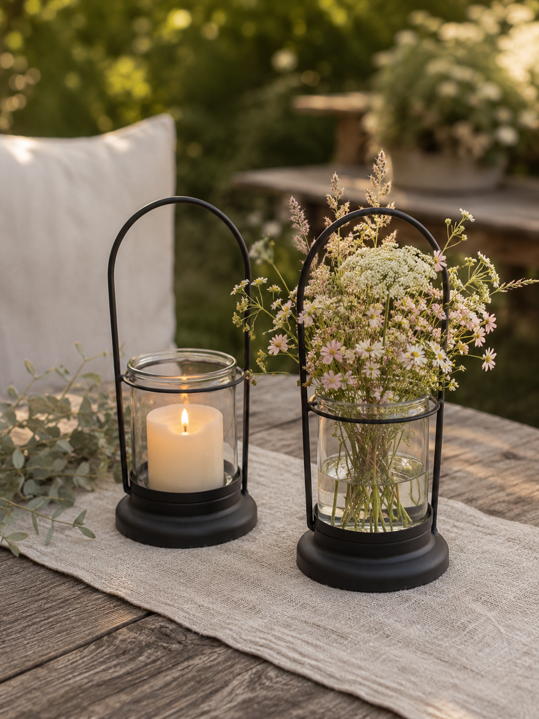 Schwarze Laterne Liva mit Kerze und Blumen auf einem rustikalen Tisch