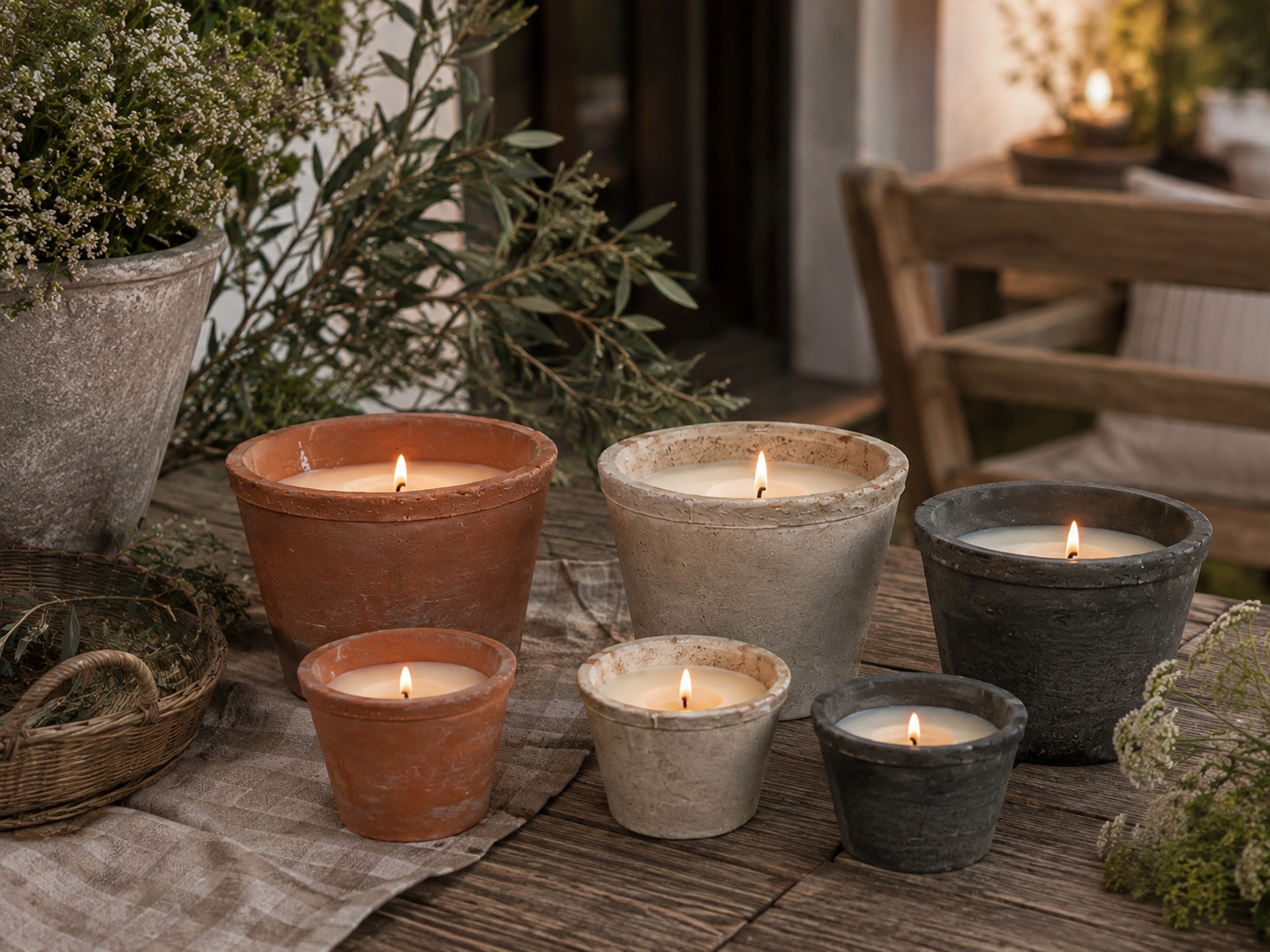 Outdoor-Kerze Terra in zwei Größen und den Farben Terracotta, Weiß und Grau im rustikalen Topf