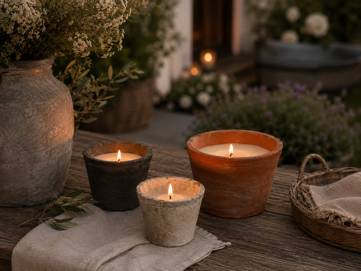 Outdoor-Kerze Terra in zwei Größen und den Farben Terracotta, Weiß und Grau im rustikalen Topf