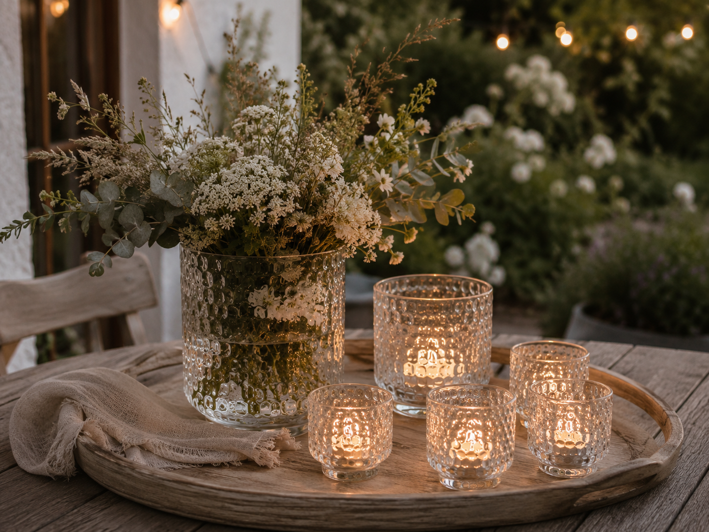 Windlichter Dotti aus strukturiertem Klarglas mit Blumen und Teelichtern auf einem Holztablett im Garten